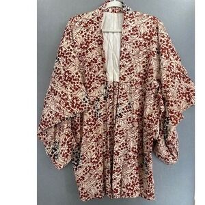 Vtg Japanese Kimono Jacket Red Floral Print Silk Blend Open Front